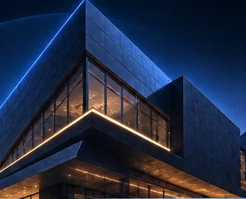 Arquitectura contemporánea con iluminación azul y dorada