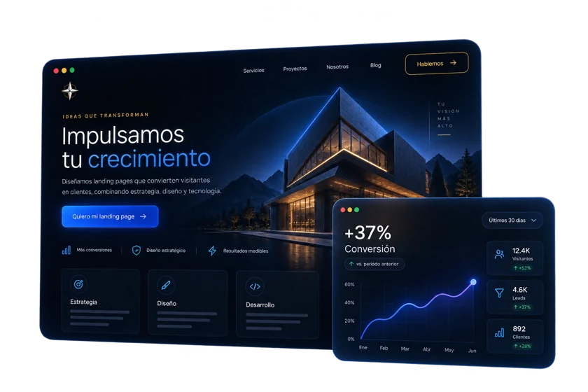 Diseño de landing page con arquitectura y panel de conversiones