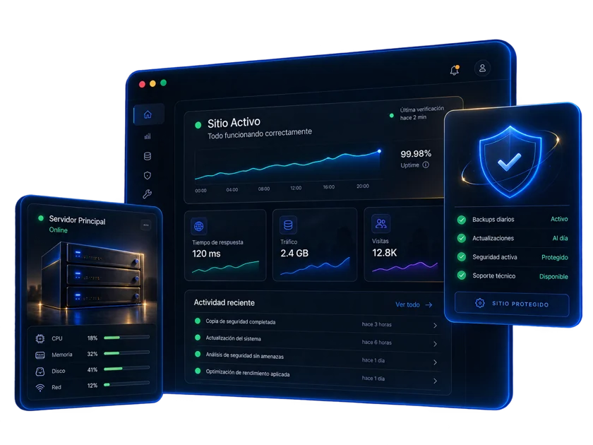 Panel de mantenimiento con monitoreo del sitio y seguridad