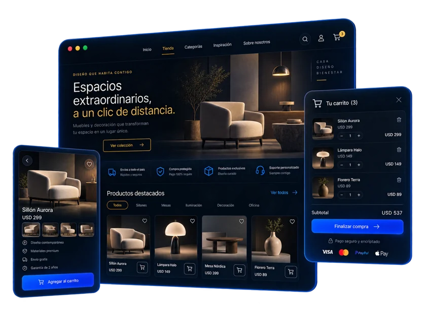 Tienda online de mobiliario con catálogo y carrito de compra